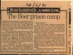 The Boer Prison Camp newspaper cutting - 28 June 1983